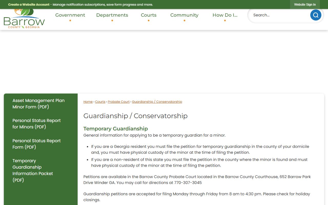 Barrow County probate records guardianship and conservatorship filing hours